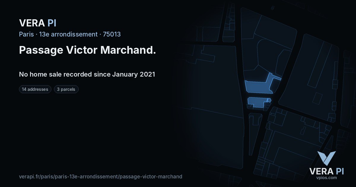 Passage Victor Marchand, 13e arrondissement at night – every parcel coloured by the prices around it, the street's own parcels lit
