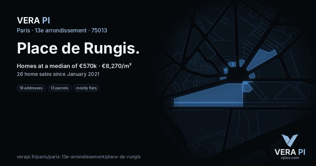 Place de Rungis, 13e arrondissement at night – every parcel coloured by the prices around it, the street's own parcels lit