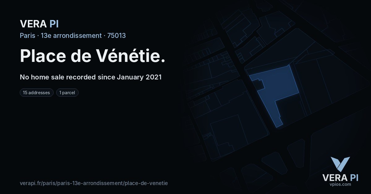 Place de Vénétie, 13e arrondissement at night – every parcel coloured by the prices around it, the street's own parcels lit
