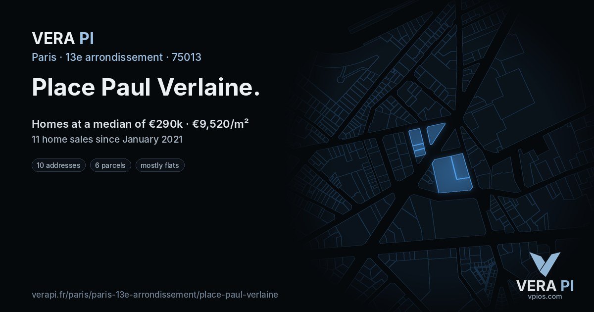 Place Paul Verlaine, 13e arrondissement at night – every parcel coloured by the prices around it, the street's own parcels lit