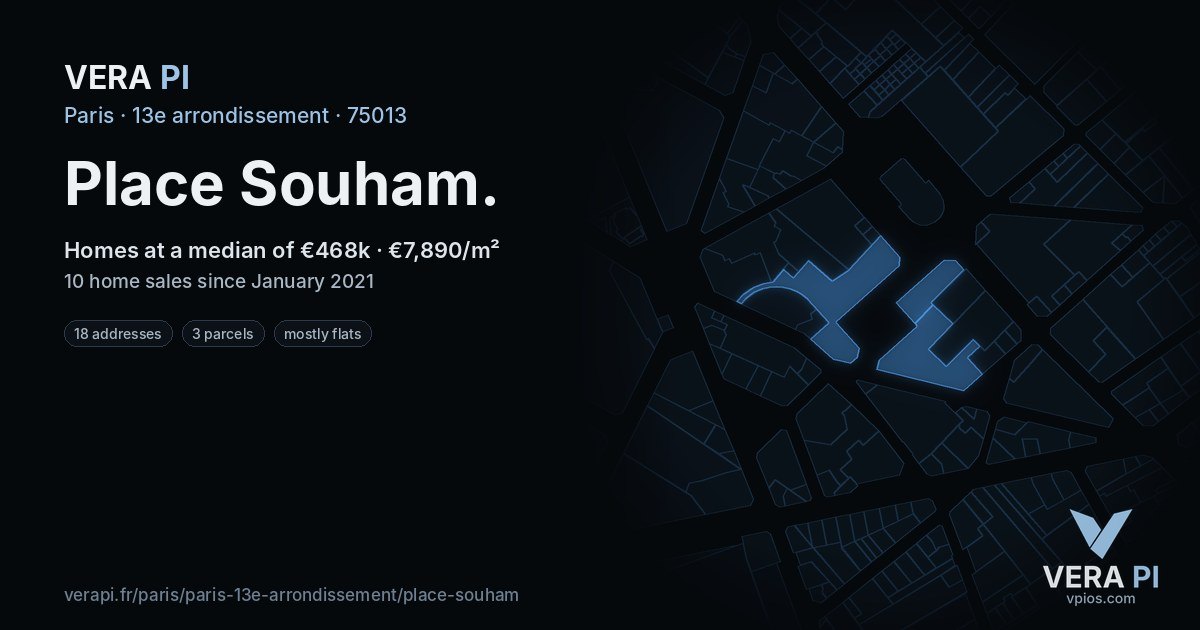 Place Souham, 13e arrondissement at night – every parcel coloured by the prices around it, the street's own parcels lit