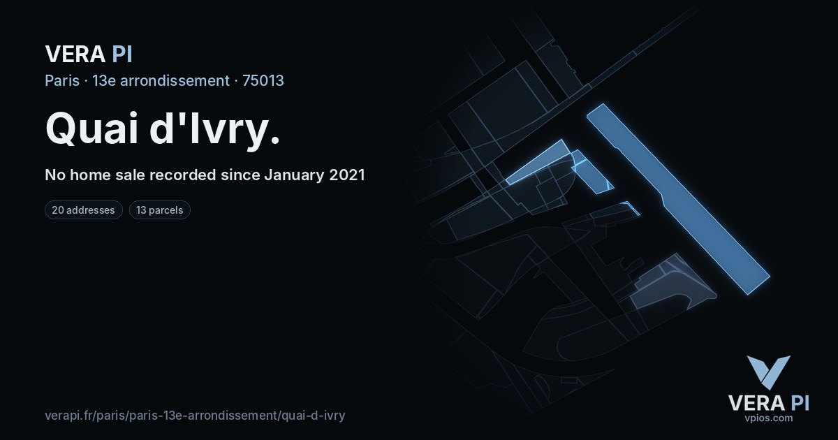 Quai d'Ivry, 13e arrondissement at night – every parcel coloured by the prices around it, the street's own parcels lit