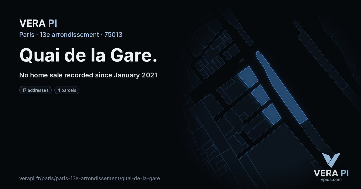 Quai de la Gare, 13e arrondissement at night – every parcel coloured by the prices around it, the street's own parcels lit
