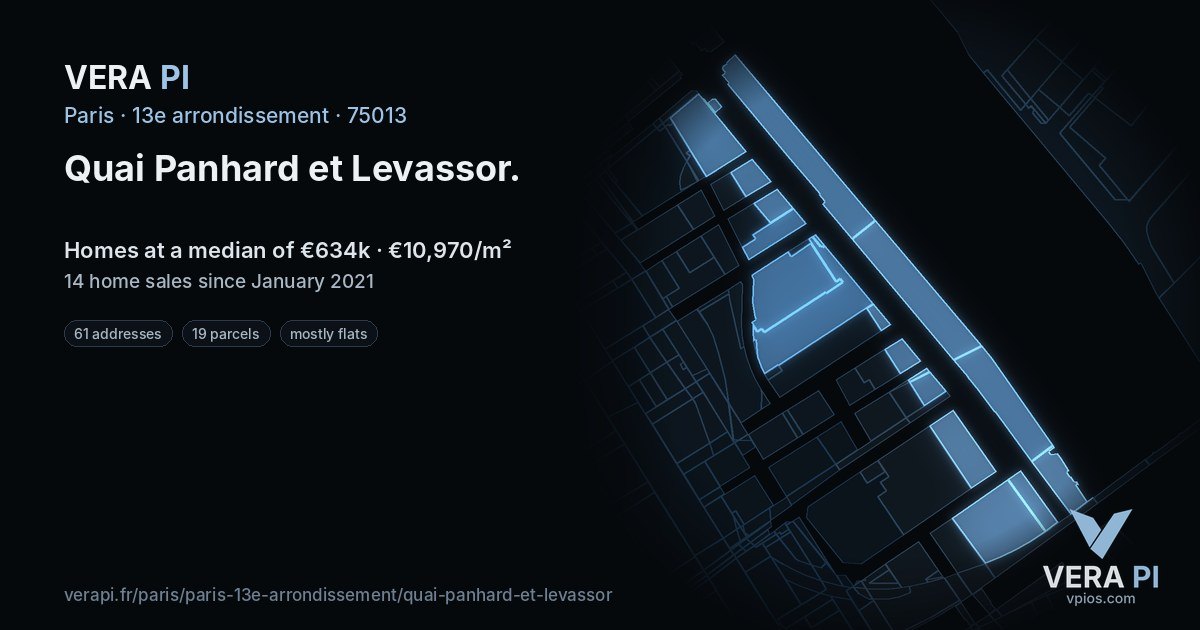 Quai Panhard et Levassor, 13e arrondissement at night – every parcel coloured by the prices around it, the street's own parcels lit