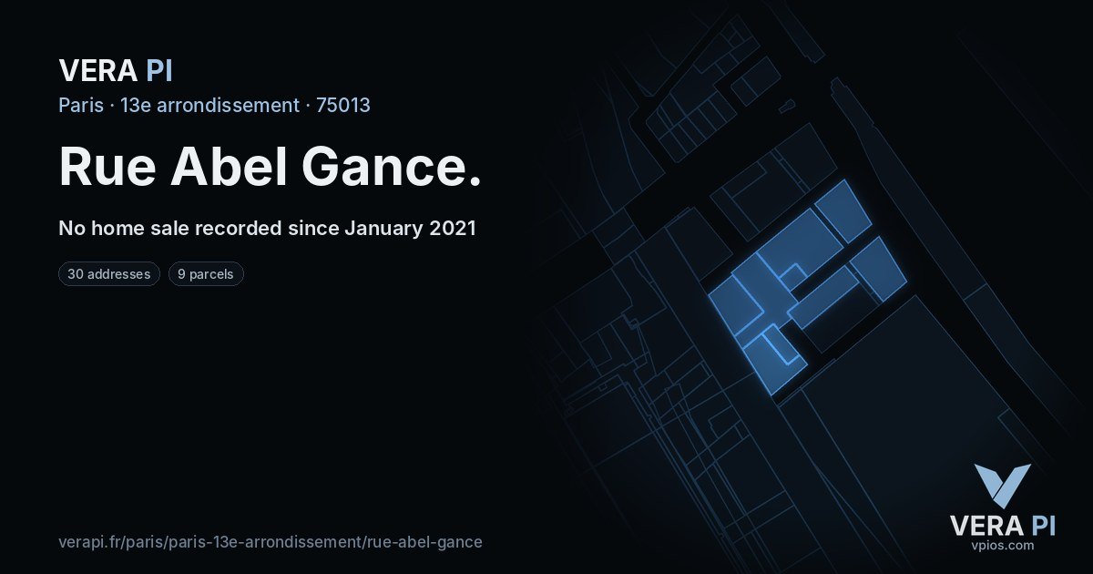 Rue Abel Gance, 13e arrondissement at night – every parcel coloured by the prices around it, the street's own parcels lit