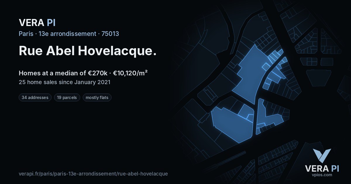 Rue Abel Hovelacque, 13e arrondissement at night – every parcel coloured by the prices around it, the street's own parcels lit