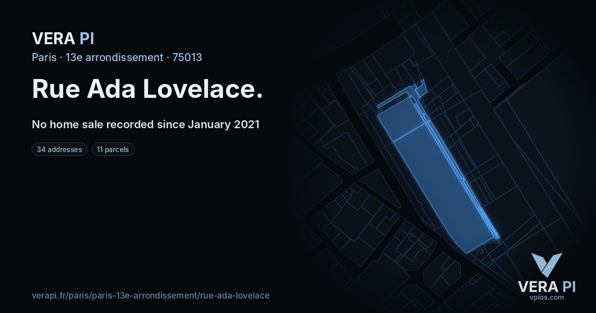 Rue Ada Lovelace, 13e arrondissement at night – every parcel coloured by the prices around it, the street's own parcels lit