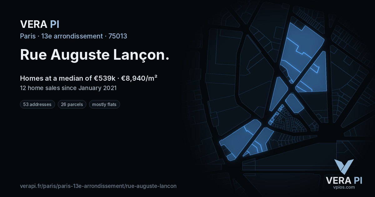 Rue Auguste Lançon, 13e arrondissement at night – every parcel coloured by the prices around it, the street's own parcels lit