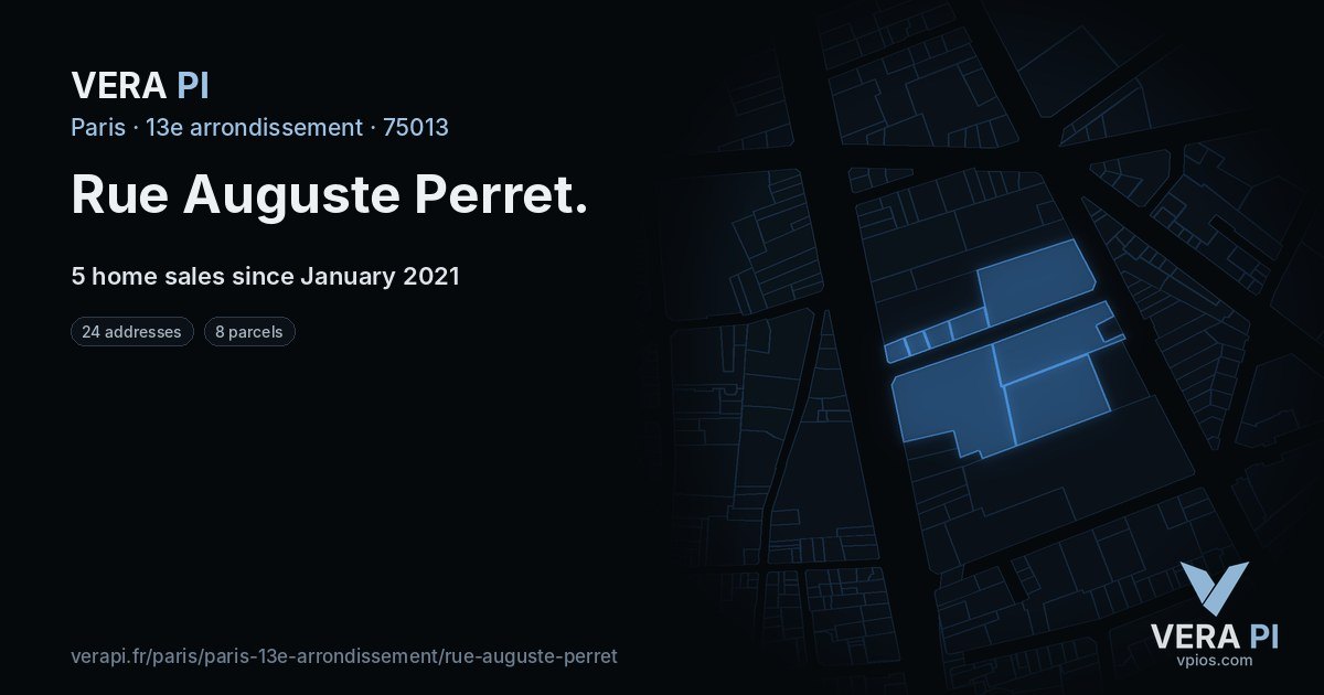 Rue Auguste Perret, 13e arrondissement at night – every parcel coloured by the prices around it, the street's own parcels lit