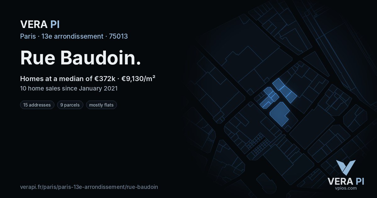 Rue Baudoin, 13e arrondissement at night – every parcel coloured by the prices around it, the street's own parcels lit