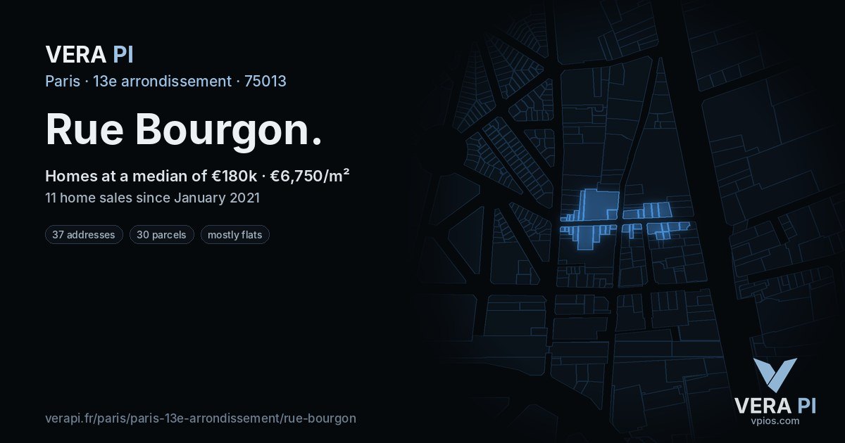 Rue Bourgon, 13e arrondissement at night – every parcel coloured by the prices around it, the street's own parcels lit