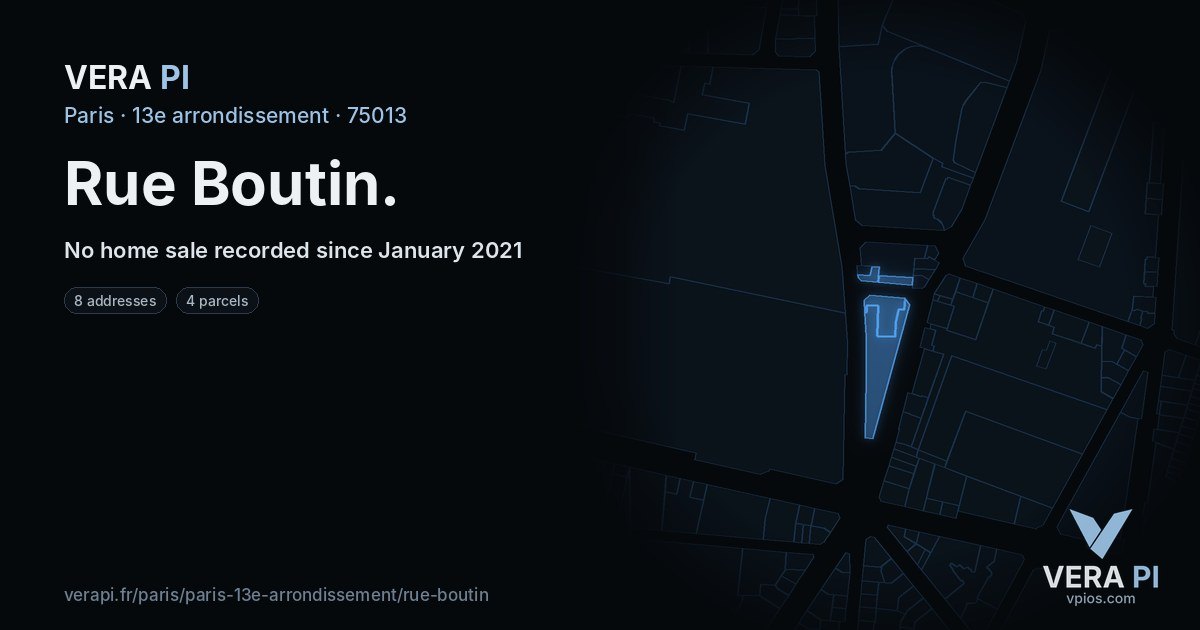 Rue Boutin, 13e arrondissement at night – every parcel coloured by the prices around it, the street's own parcels lit