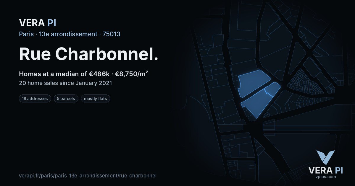 Rue Charbonnel, 13e arrondissement at night – every parcel coloured by the prices around it, the street's own parcels lit
