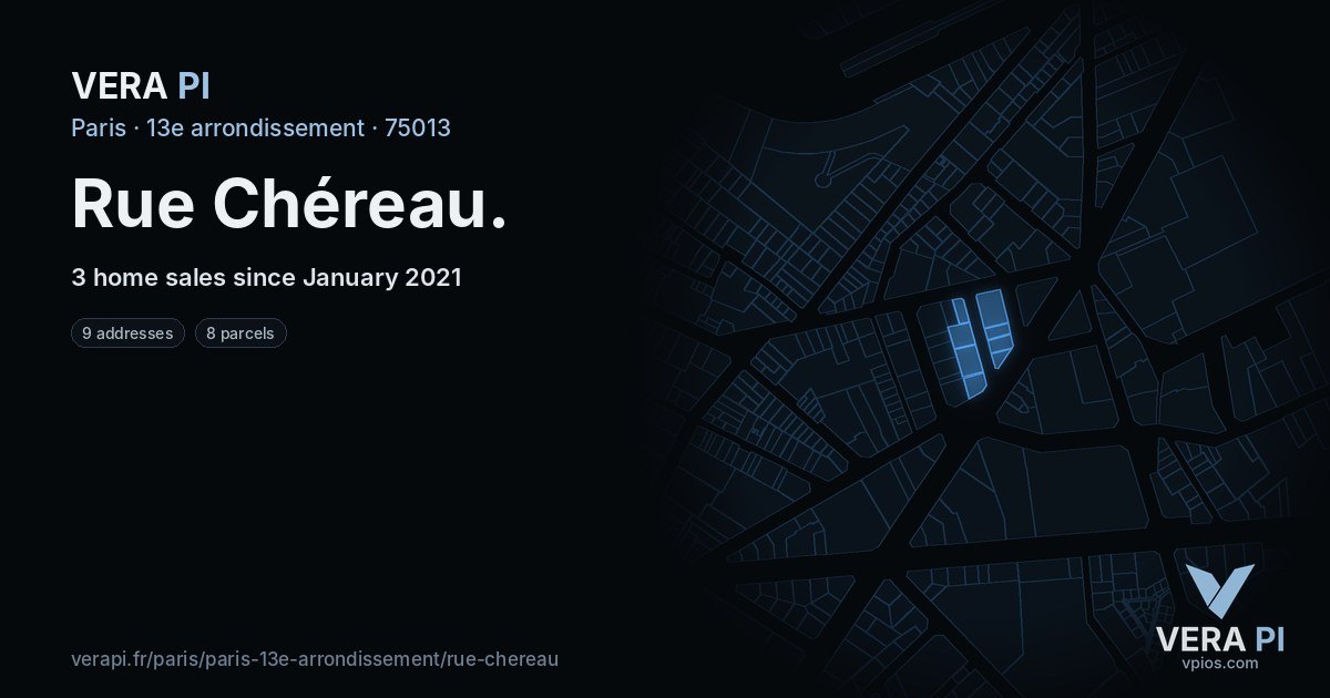 Rue Chéreau, 13e arrondissement at night – every parcel coloured by the prices around it, the street's own parcels lit