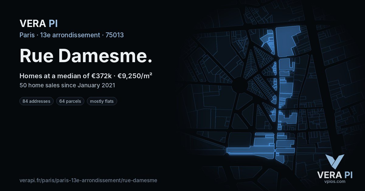 Rue Damesme, 13e arrondissement at night – every parcel coloured by the prices around it, the street's own parcels lit