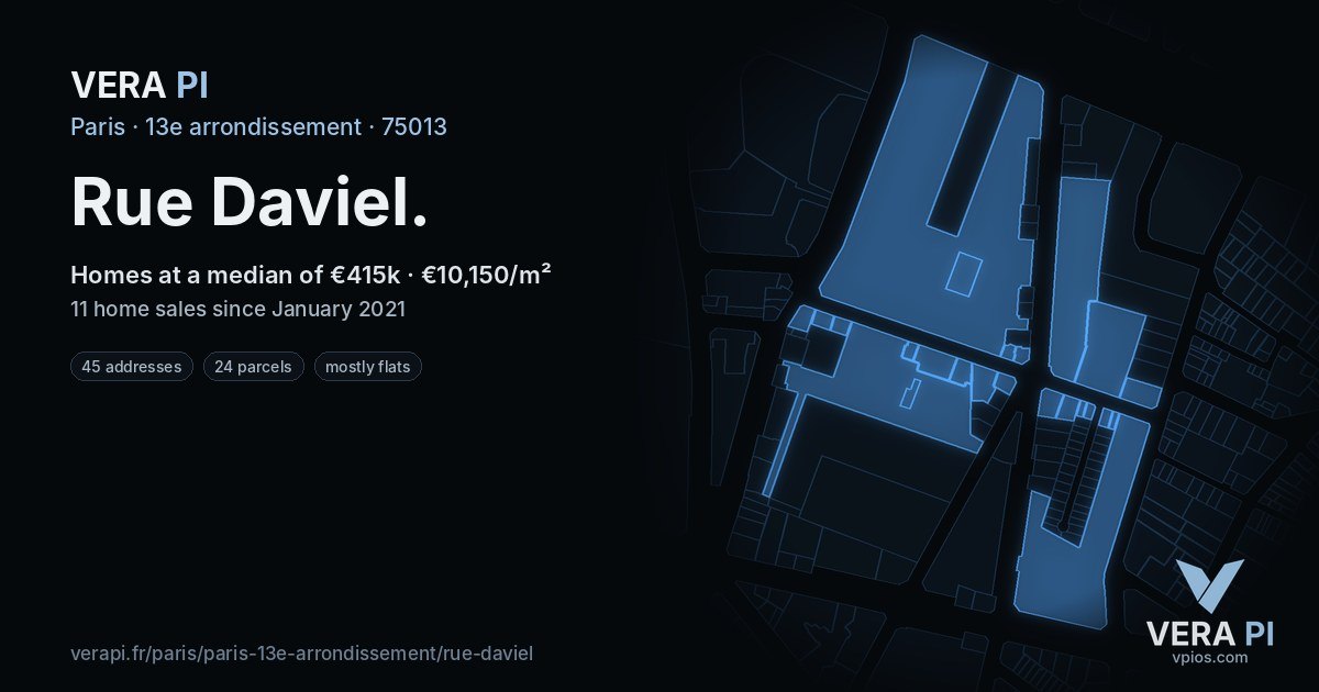 Rue Daviel, 13e arrondissement at night – every parcel coloured by the prices around it, the street's own parcels lit