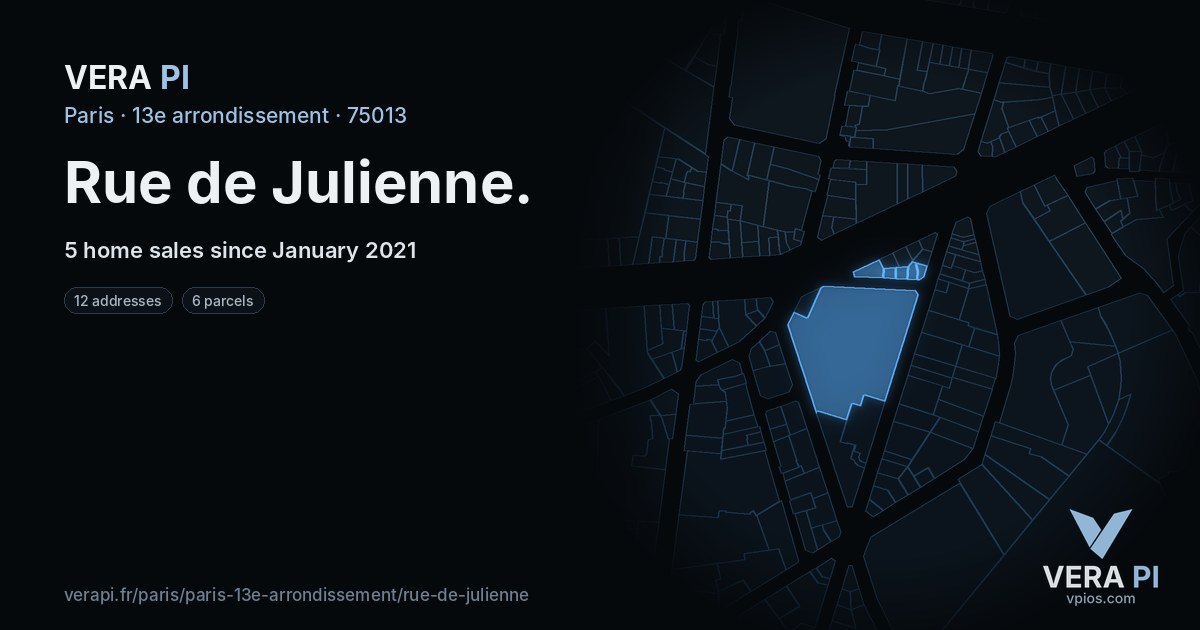 Rue de Julienne, 13e arrondissement at night – every parcel coloured by the prices around it, the street's own parcels lit