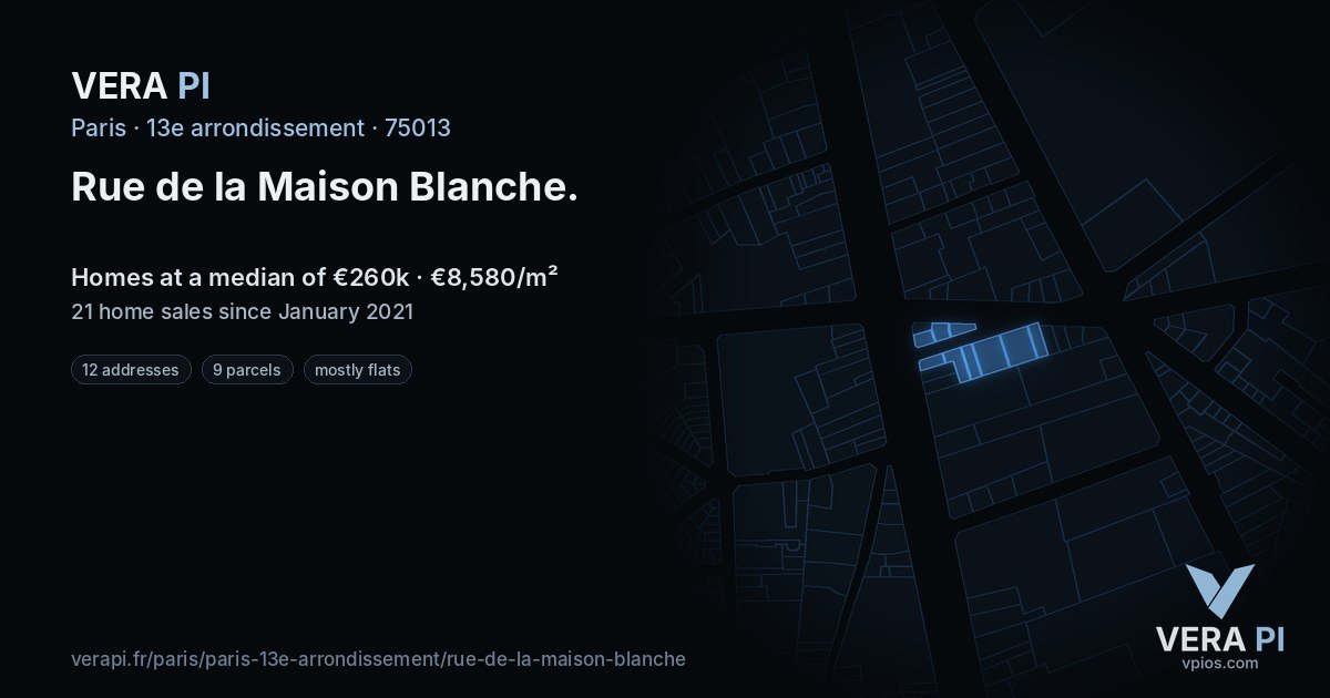 Rue de la Maison Blanche, 13e arrondissement at night – every parcel coloured by the prices around it, the street's own parcels lit