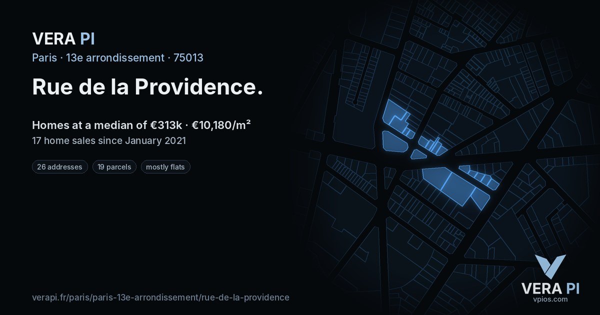 Rue de la Providence, 13e arrondissement at night – every parcel coloured by the prices around it, the street's own parcels lit
