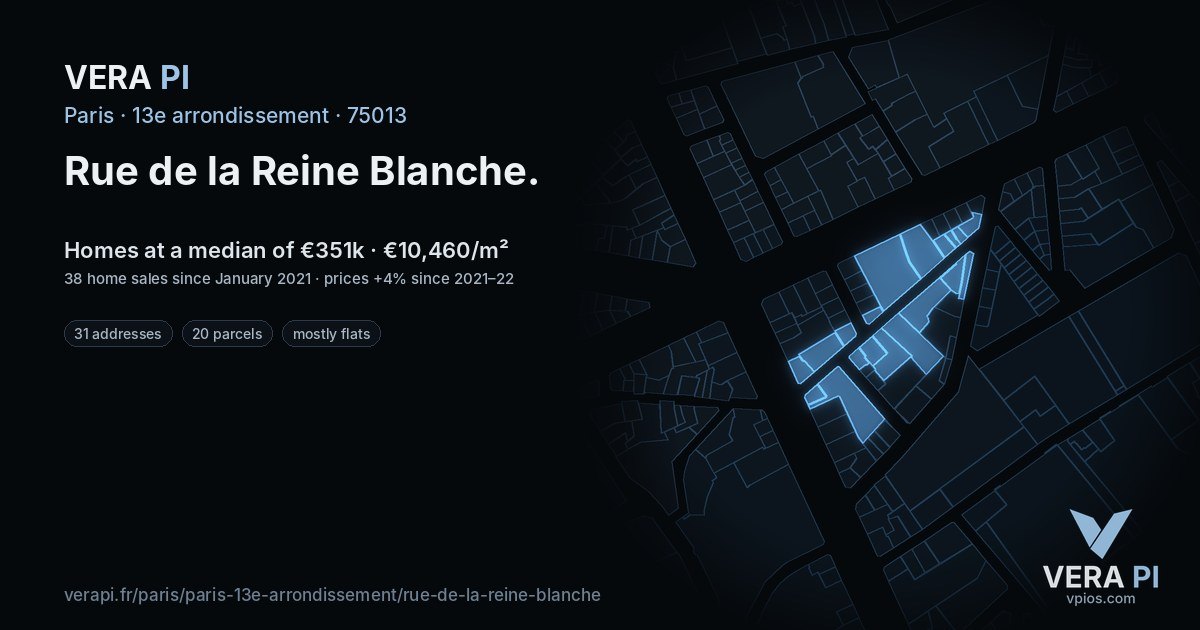 Rue de la Reine Blanche, 13e arrondissement at night – every parcel coloured by the prices around it, the street's own parcels lit
