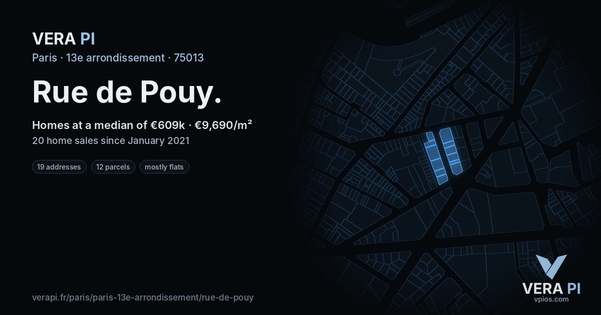Rue de Pouy, 13e arrondissement at night – every parcel coloured by the prices around it, the street's own parcels lit