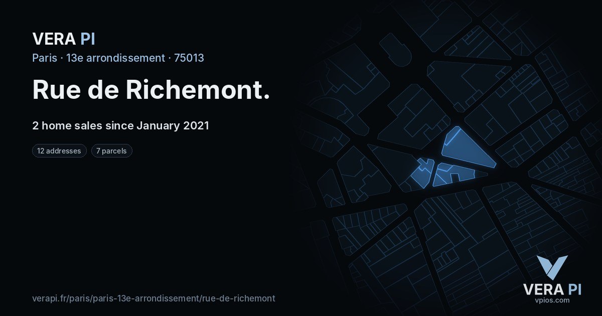 Rue de Richemont, 13e arrondissement at night – every parcel coloured by the prices around it, the street's own parcels lit