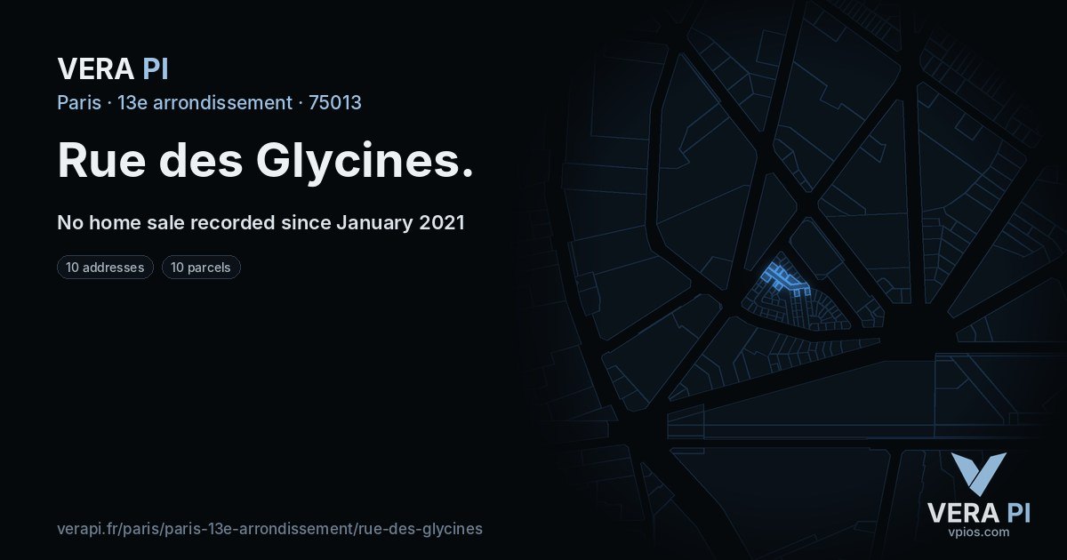 Rue des Glycines, 13e arrondissement at night – every parcel coloured by the prices around it, the street's own parcels lit