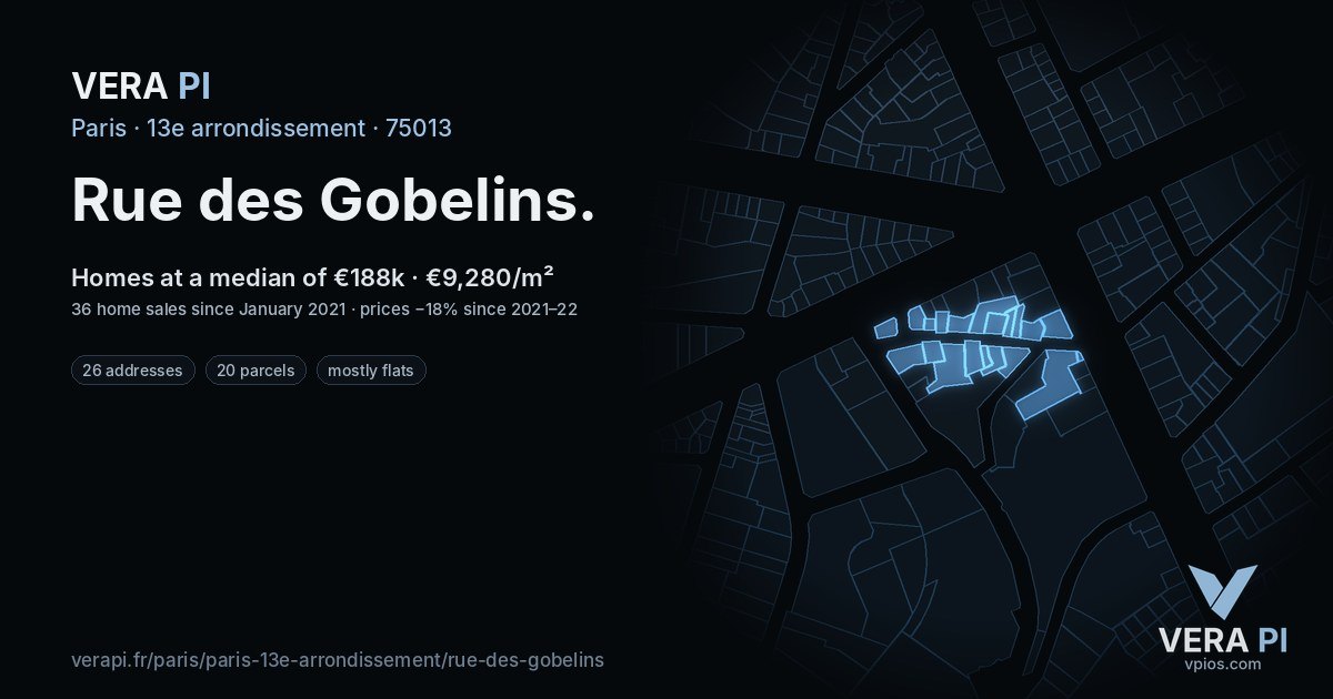 Rue des Gobelins, 13e arrondissement at night – every parcel coloured by the prices around it, the street's own parcels lit