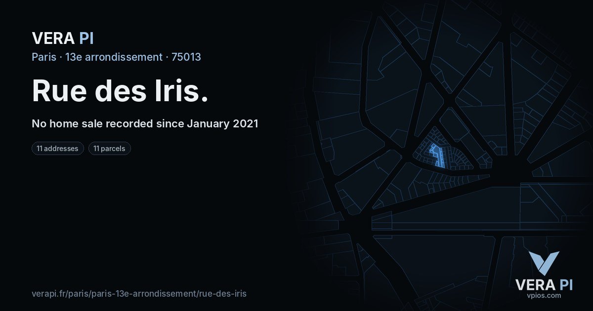 Rue des Iris, 13e arrondissement at night – every parcel coloured by the prices around it, the street's own parcels lit