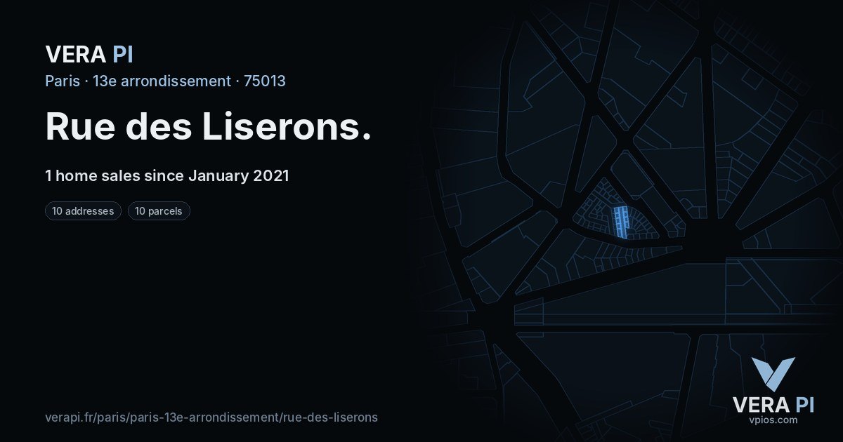 Rue des Liserons, 13e arrondissement at night – every parcel coloured by the prices around it, the street's own parcels lit