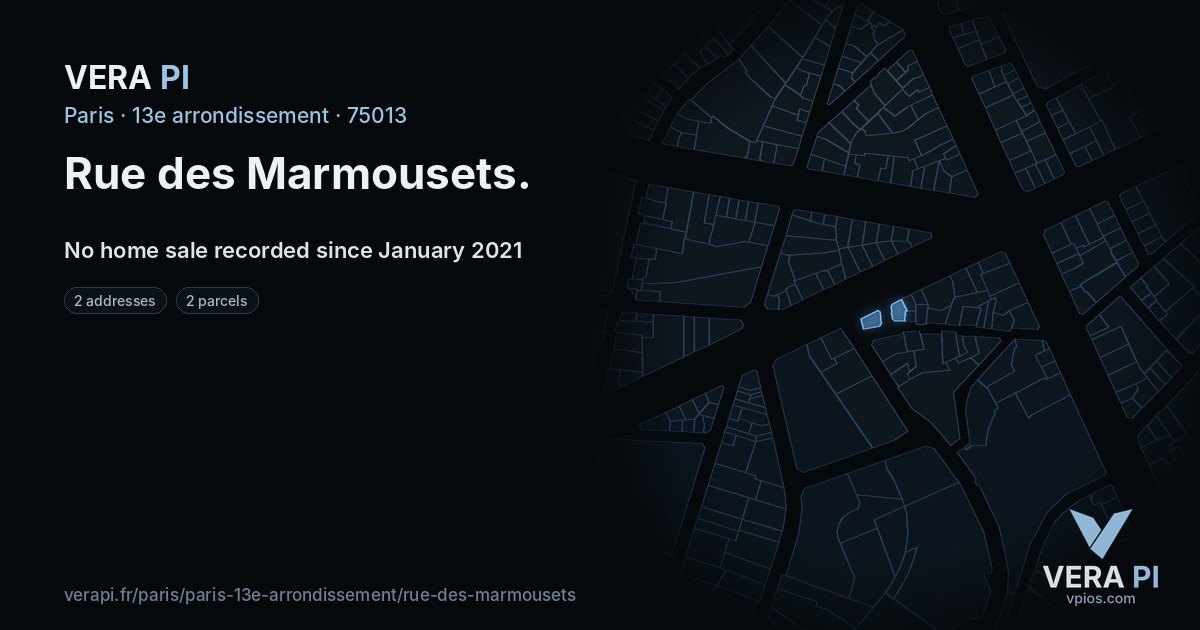 Rue des Marmousets, 13e arrondissement at night – every parcel coloured by the prices around it, the street's own parcels lit