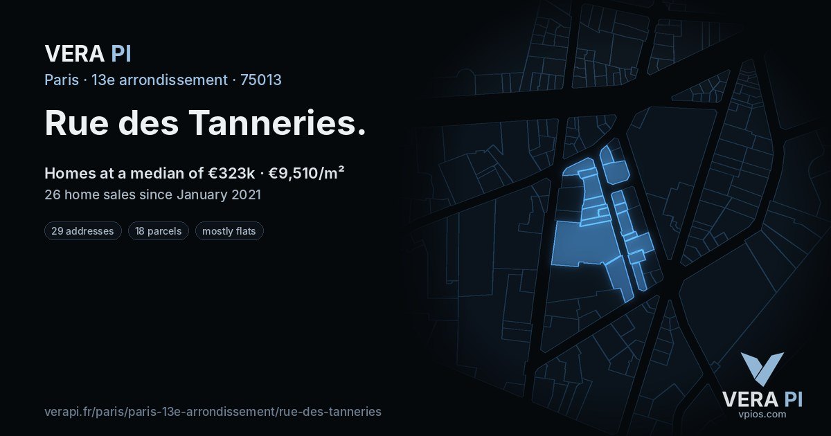 Rue des Tanneries, 13e arrondissement at night – every parcel coloured by the prices around it, the street's own parcels lit
