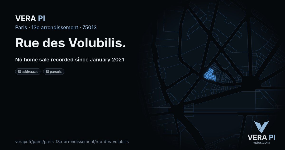 Rue des Volubilis, 13e arrondissement at night – every parcel coloured by the prices around it, the street's own parcels lit