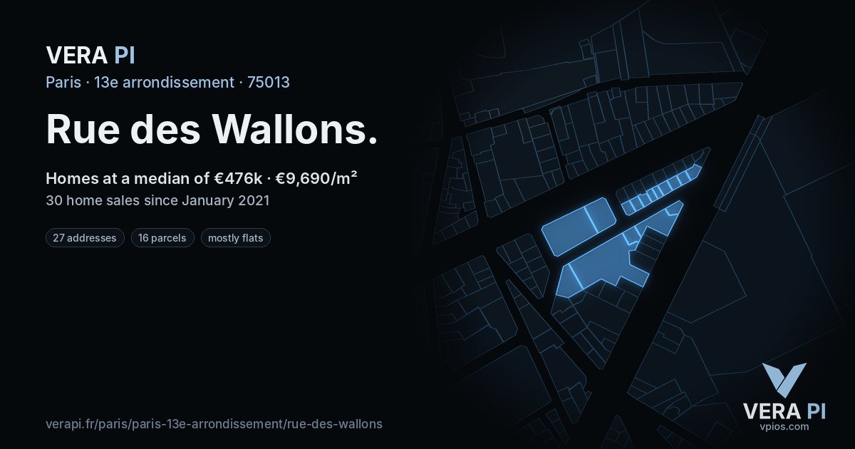 Rue des Wallons, 13e arrondissement at night – every parcel coloured by the prices around it, the street's own parcels lit