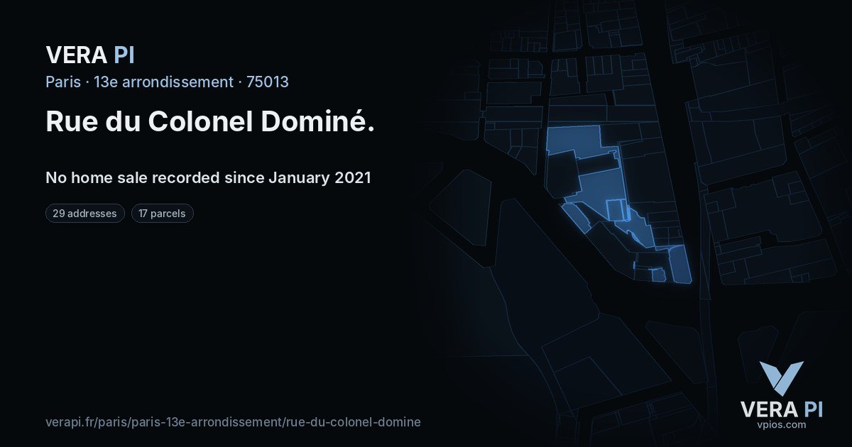 Rue du Colonel Dominé, 13e arrondissement at night – every parcel coloured by the prices around it, the street's own parcels lit