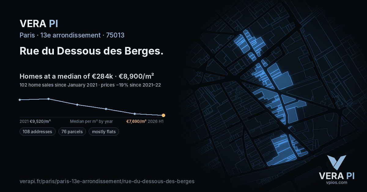 Rue du Dessous des Berges, 13e arrondissement at night – every parcel coloured by the prices around it, the street's own parcels lit