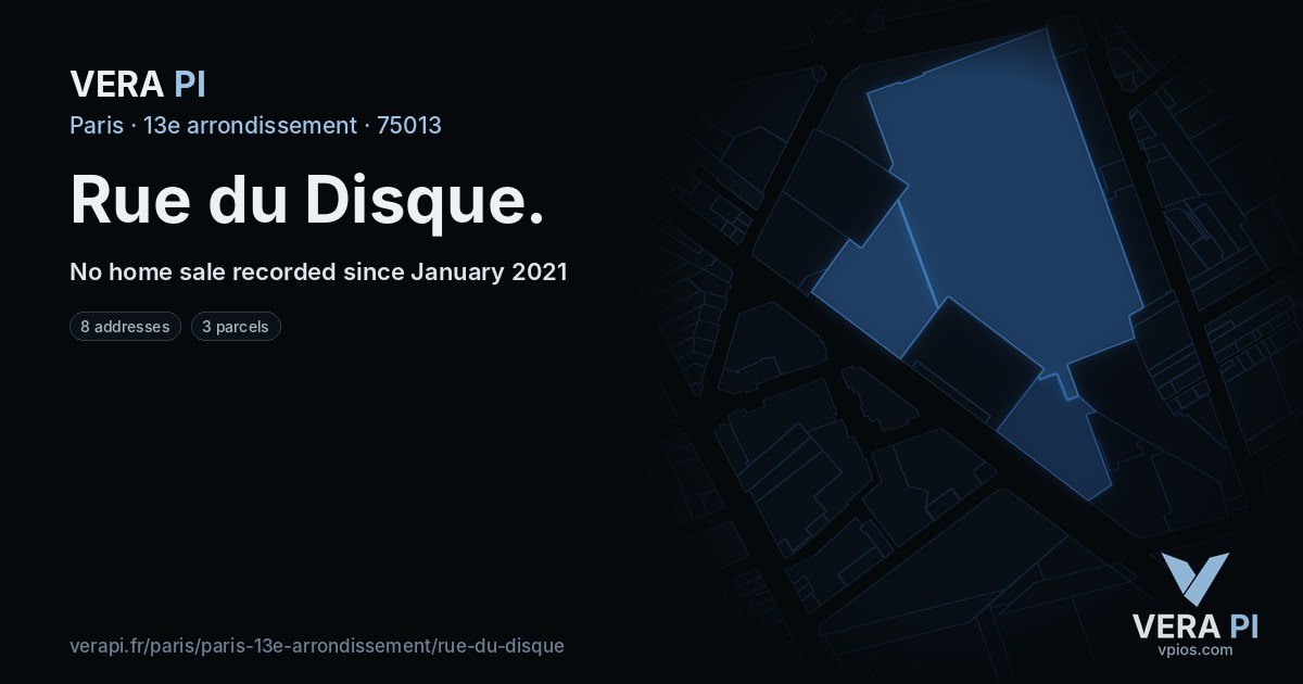Rue du Disque, 13e arrondissement at night – every parcel coloured by the prices around it, the street's own parcels lit