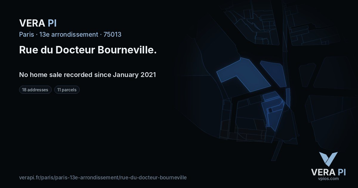 Rue du Docteur Bourneville, 13e arrondissement at night – every parcel coloured by the prices around it, the street's own parcels lit