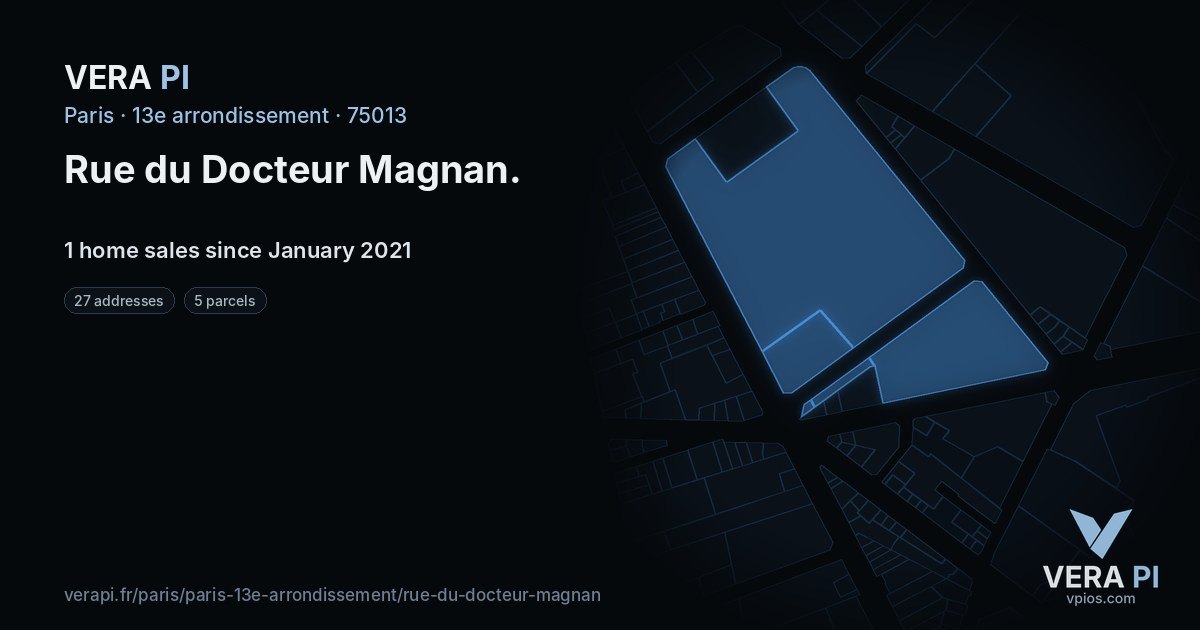 Rue du Docteur Magnan, 13e arrondissement at night – every parcel coloured by the prices around it, the street's own parcels lit