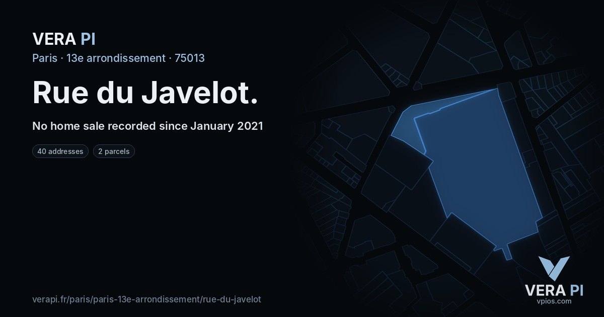 Rue du Javelot, 13e arrondissement at night – every parcel coloured by the prices around it, the street's own parcels lit