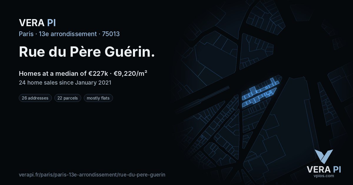 Rue du Père Guérin, 13e arrondissement at night – every parcel coloured by the prices around it, the street's own parcels lit