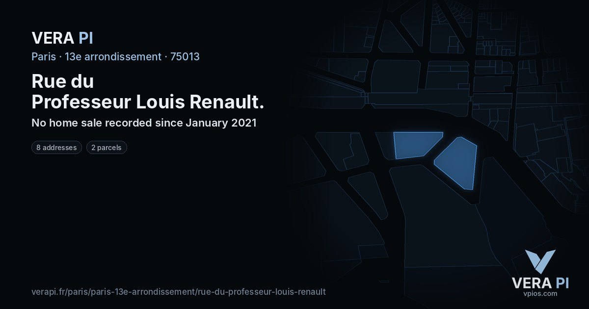 Rue du Professeur Louis Renault, 13e arrondissement at night – every parcel coloured by the prices around it, the street's own parcels lit