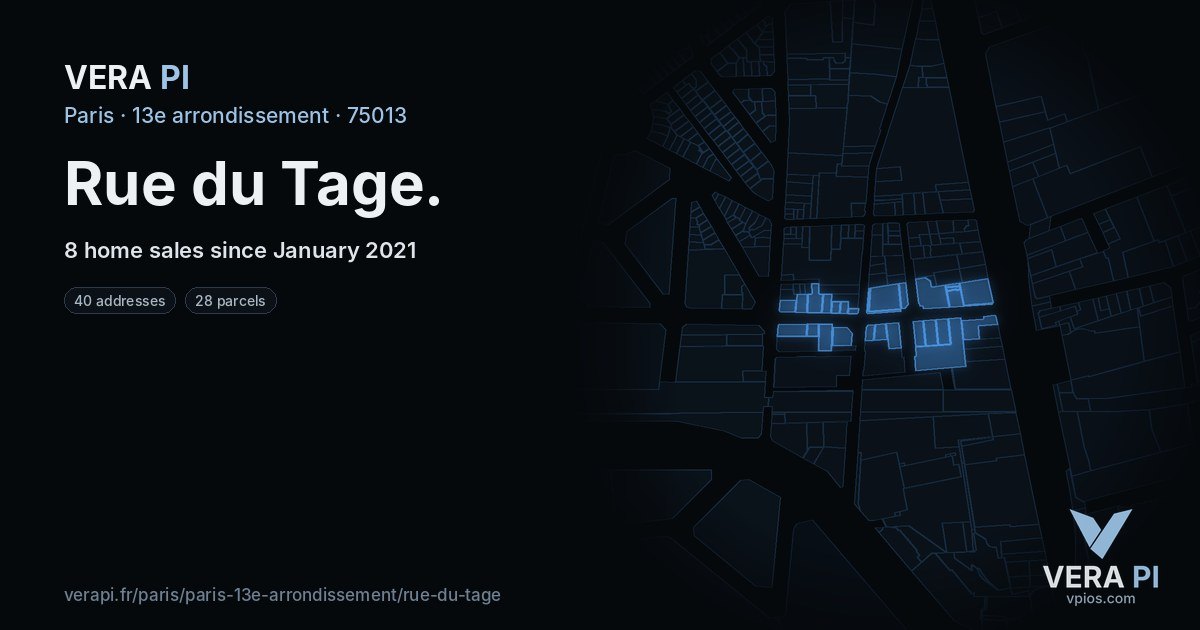 Rue du Tage, 13e arrondissement at night – every parcel coloured by the prices around it, the street's own parcels lit