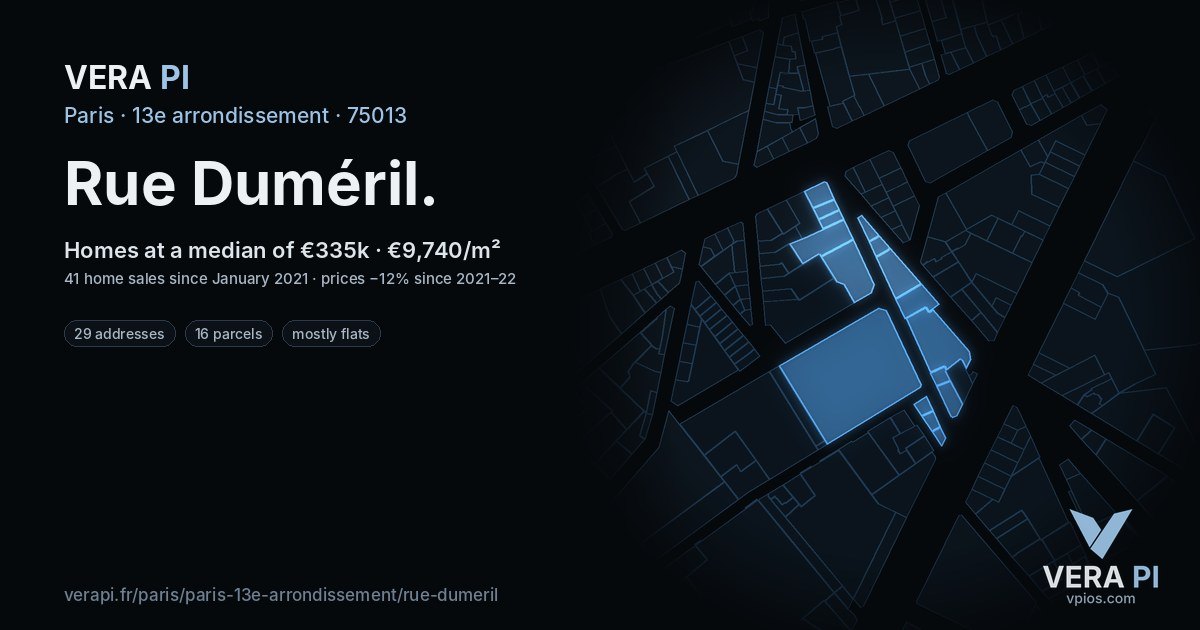 Rue Duméril, 13e arrondissement at night – every parcel coloured by the prices around it, the street's own parcels lit