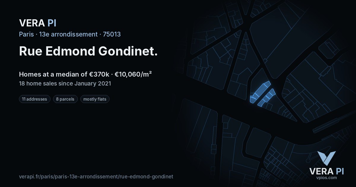 Rue Edmond Gondinet, 13e arrondissement at night – every parcel coloured by the prices around it, the street's own parcels lit