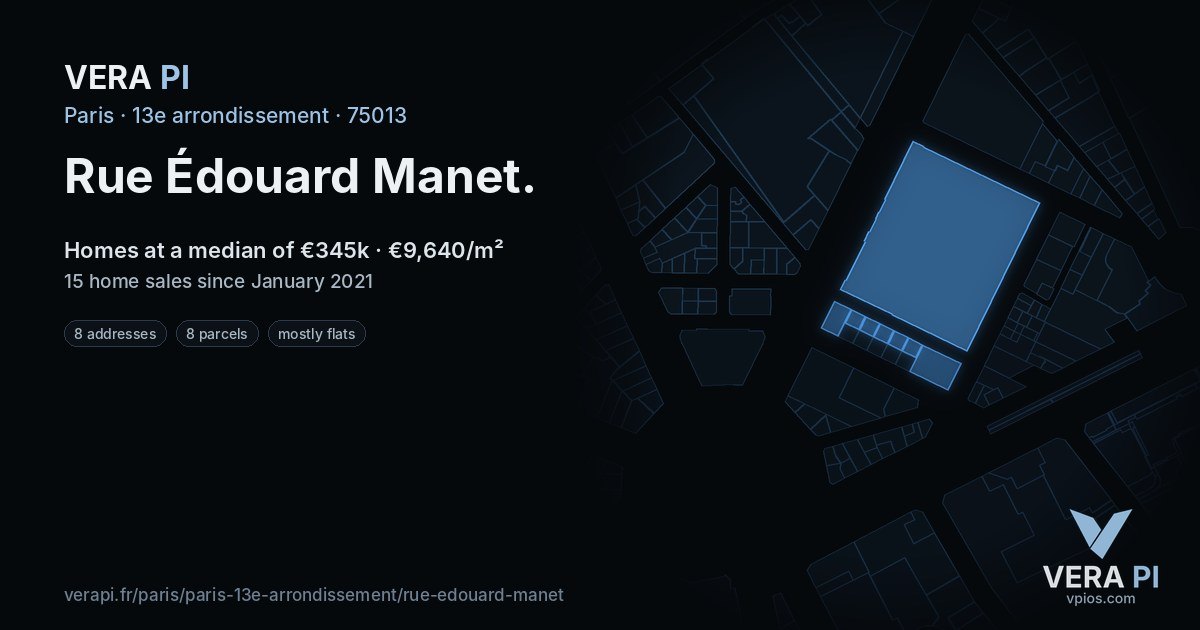 Rue Édouard Manet, 13e arrondissement at night – every parcel coloured by the prices around it, the street's own parcels lit