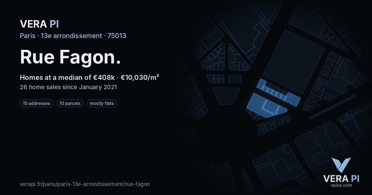Rue Fagon, 13e arrondissement at night – every parcel coloured by the prices around it, the street's own parcels lit