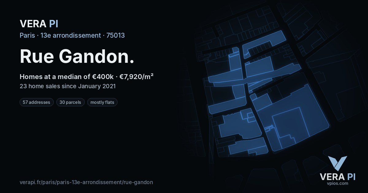 Rue Gandon, 13e arrondissement at night – every parcel coloured by the prices around it, the street's own parcels lit