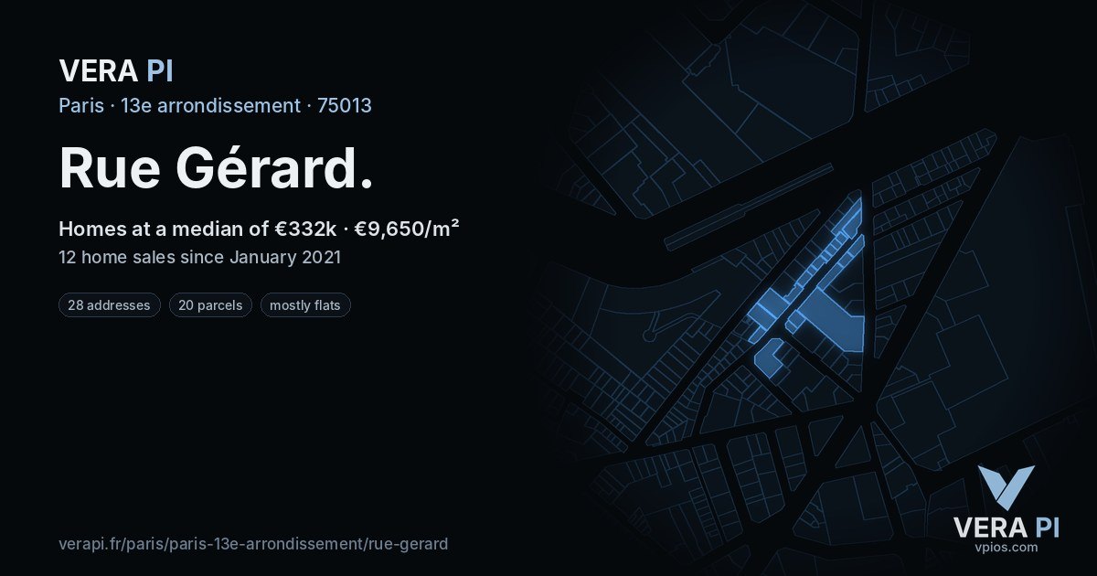 Rue Gérard, 13e arrondissement at night – every parcel coloured by the prices around it, the street's own parcels lit