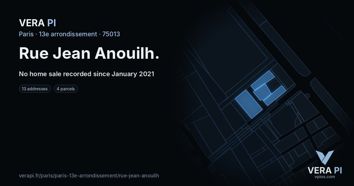 Rue Jean Anouilh, 13e arrondissement at night – every parcel coloured by the prices around it, the street's own parcels lit